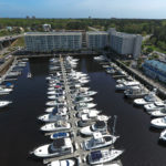Aerial view of marina and boat docks