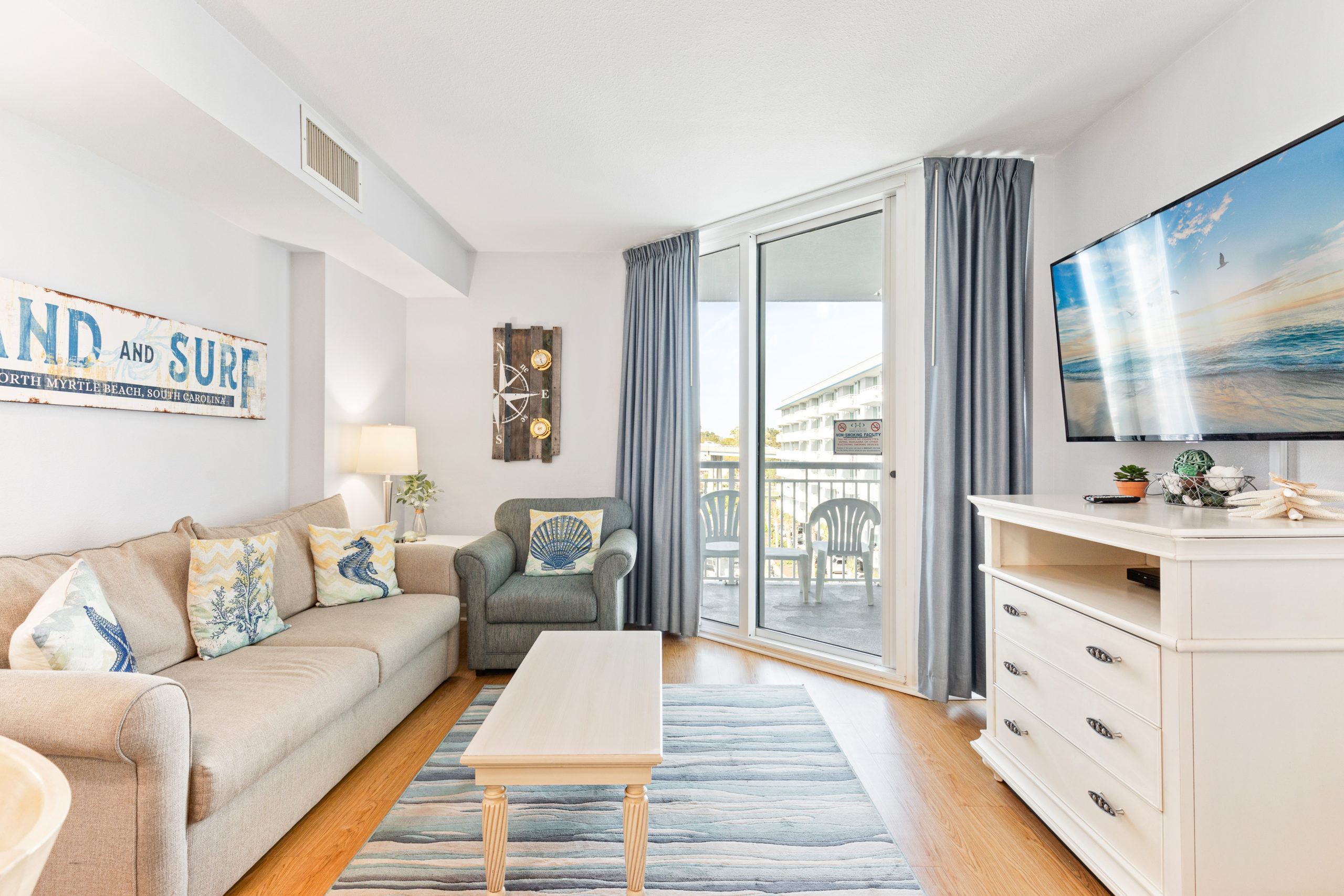 Features 1 king bed, 1 full sleeper sofa, 1 bathroom, a private balcony overlooking the marina, fully-equipped kitchen, dishwasher, and washer and dryer.